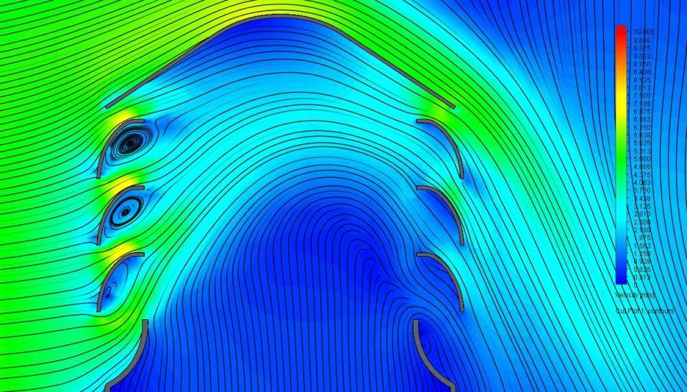 Linie strugi oraz miejsca występowania turbulencji w przestrzeni żaluzyjnej wywietrznika